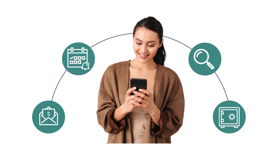 Resident smiling at her phone, ringed by icons for reminders, records, receipts and secure storage.