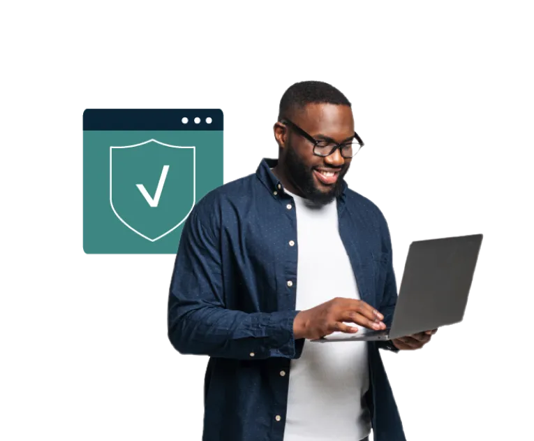 Resident using a laptop, beside a browser window showing a shield with a checkmark.